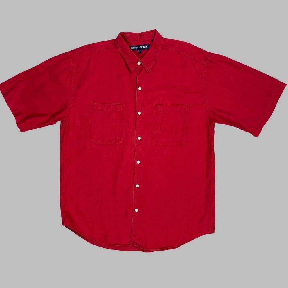 Bowen & Wright Red Linen Button Up Shirt Men's L Relaxed Fit Short Sleeve Resort